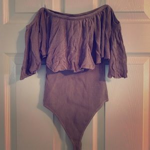 Rehab tan  bodysuit ruffle off the shoulder